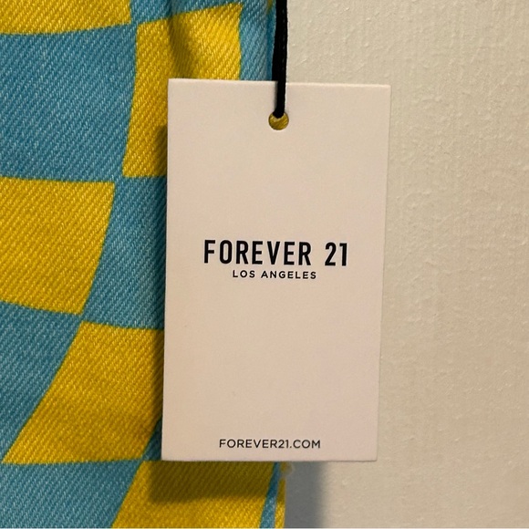 F21 Psychedelic Denim Overalls Romper Mini Dress Carolina Blue & Yellow | Small - Picture 3 of 11